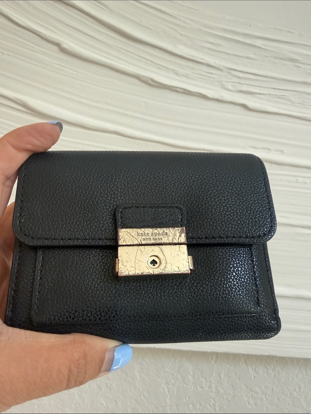 kate spade Black Pebbled Leather Wallet with Gold Lock